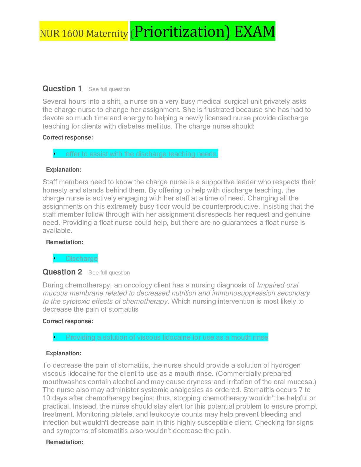 Preview of NUR 1600 Maternity (Prioritization) EXAM (GRADED A) plus Rationales | 100% Guaranteed ACE
